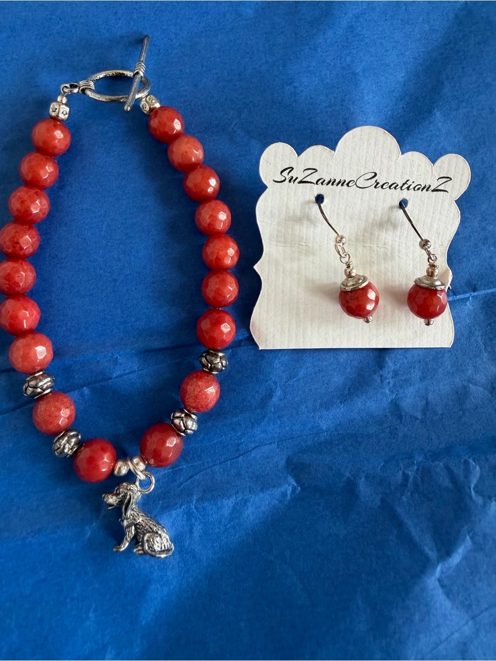 Red Jade Beaded Bracelet and Earrings Set